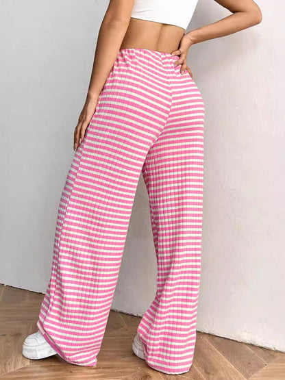 Elasticated Waist High Waisted Contrast Color Drawstring Split-Joint Striped Pants