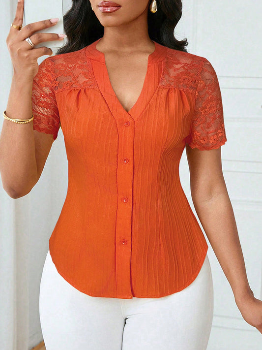 Split-Joint Solid Color Pleated Jacquard Hollow Buttoned Short Sleeves V-neck Blouses&shirts Tops