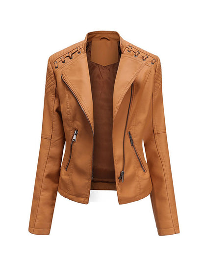 Long Sleeves Split-Joint Zipper Mock Neck PU Jackets Outerwear