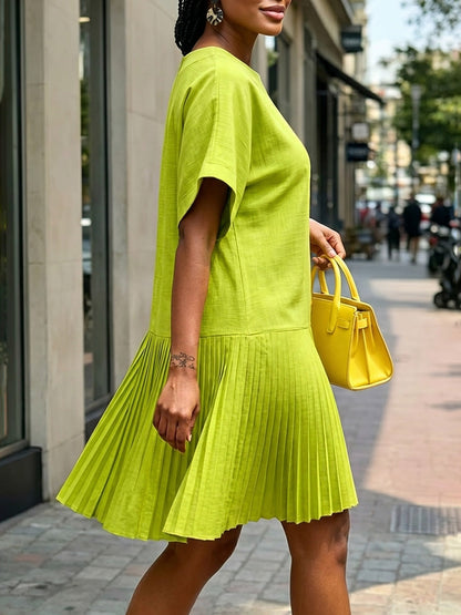 Loose Short Sleeves Pleated Solid Color Split-Joint Round-Neck Mini Dresses