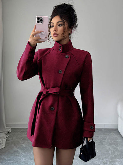 Elasticated Waist High Waisted Asymmetric Buttoned Solid Color Tied Waist Stand Collar Outerwear