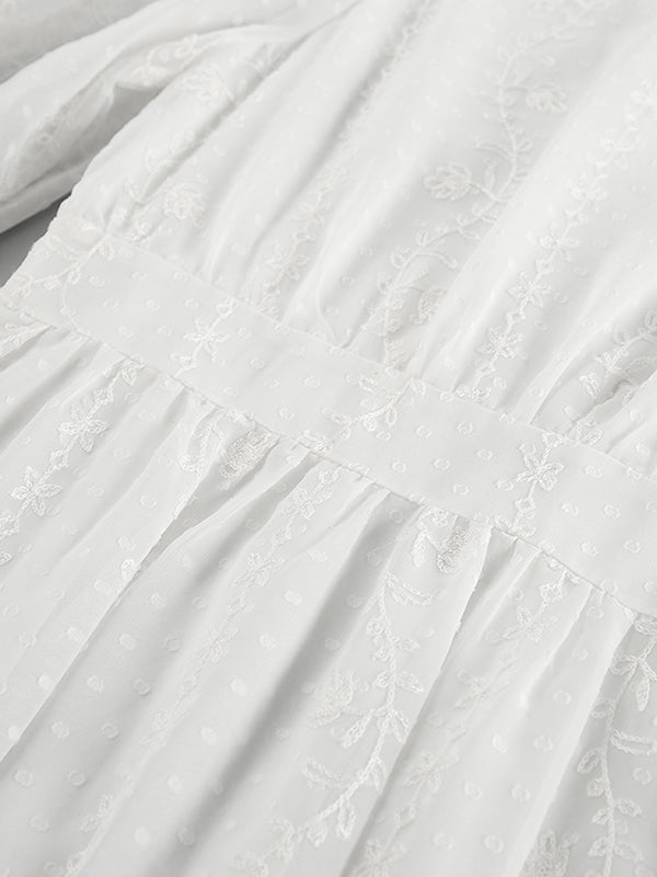 Loose Puff Sleeves Jacquard Pleated Ruffled See-Through Solid Color Split-Joint Tied Waist Stand Collar Mini Dresses