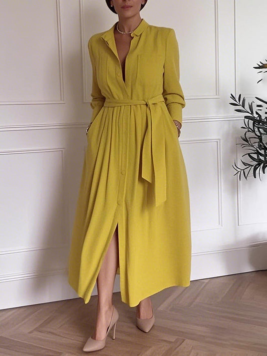 A-Line Long Sleeves Buttoned Pleated Pockets Solid Color Tied Waist V-Neck Maxi Dresses