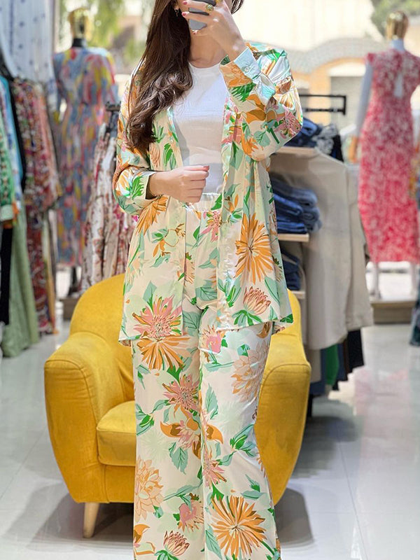 Long Sleeves Buttoned Flower Print Lapel Shirts Top +High Waisted Pants Bottom Two Pieces Set