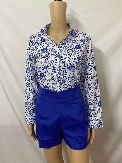 Long Sleeves Buttoned Flower Print Deep V-Neck Shirts Top +Belted Shorts Bottom Two Pieces Set