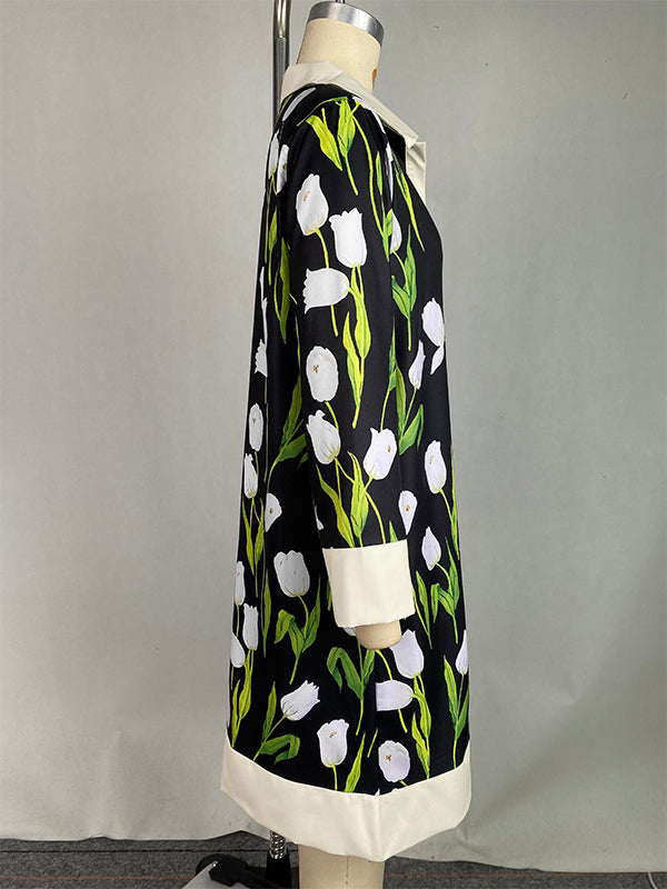 A-line Loose Buttoned Flower Print Stand Collar Mini Dresses