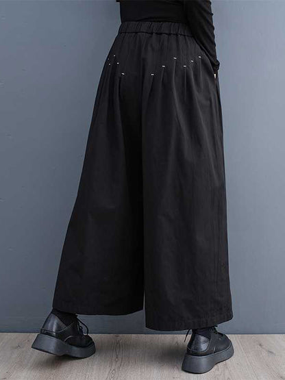 Loose Wide Leg Elasticity Embroidered Pleated Ninth Pants Trousers