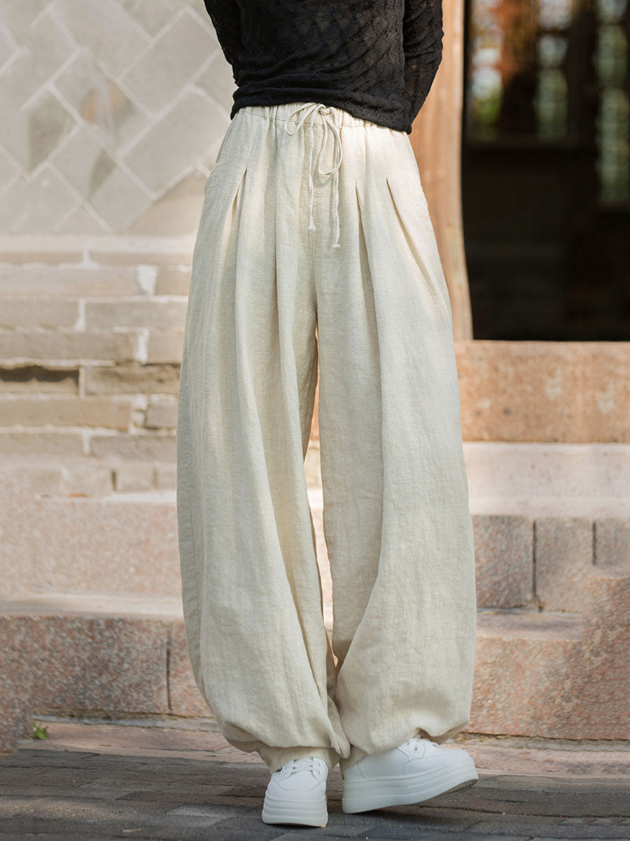 Women Autumn Vintage Solid Ramie Loose Bloomers