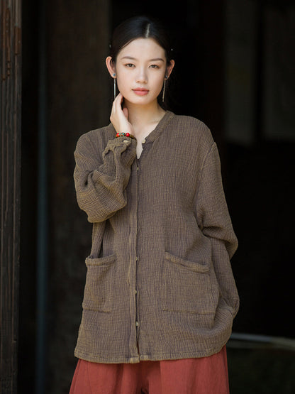 Women Vintage Autumn Solid O-Neck Shirt Coat