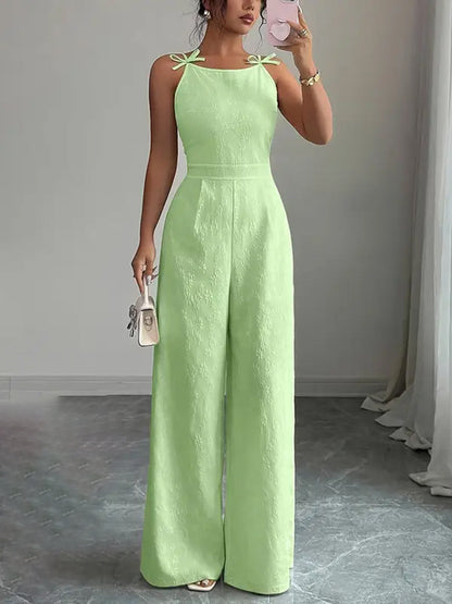 Zipper Split-Joint Solid Color Jacquard Wide Leg Sleeveless Spaghetti-Neck Jumpsuits