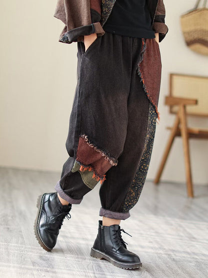 Contrast Color Fringed Split-Joint Long Sleeves Printed Outwear + Harem Pants  Two Pieces Set