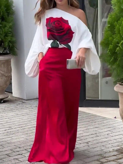 Long Sleeves Loose Asymmetric Elasticity Flower Print One-Shoulder Blouses&Shirts Tops