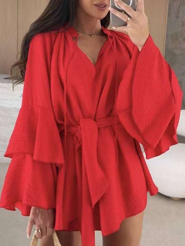 Flared Sleeves Loose Lace-Up Pleated Solid Color Split-Joint Tiered Round-Neck Mini Dresses