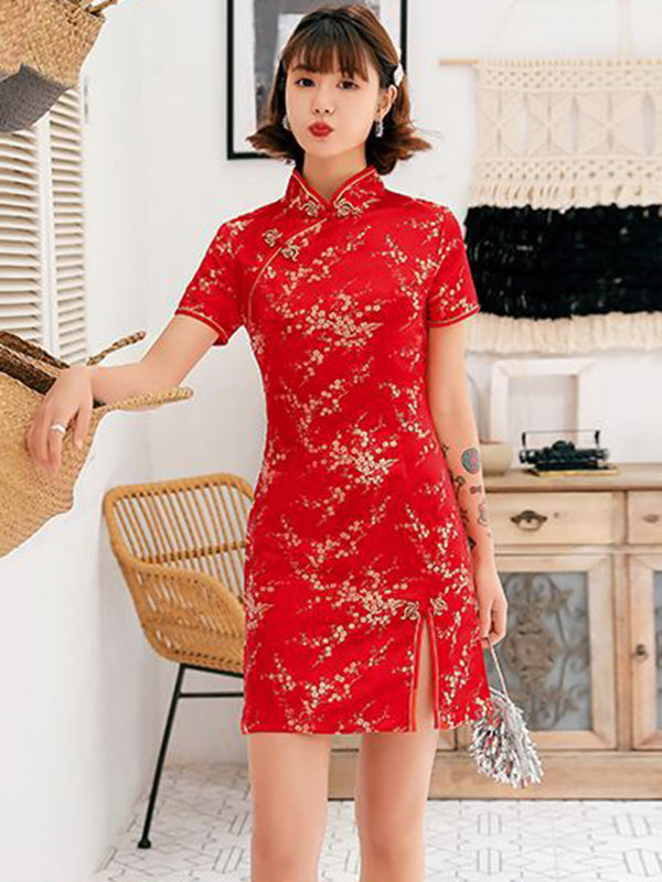 Plum Blossom Print Stand Collar Short Cheongsam