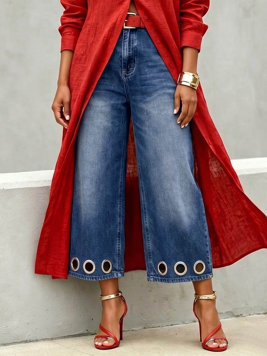 Loose Wide Leg Hollow Pockets Jean Pants Bottoms