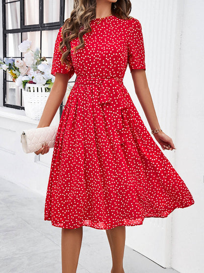A-Line Elasticated Waist Contrast Color Polka Dot Split-Joint Tied Waist Round-Neck Midi Dresses