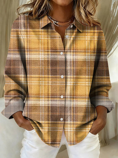 Plaid Contrast Color Buttoned Plus Size Loose Lapel Blouses&shirts Tops