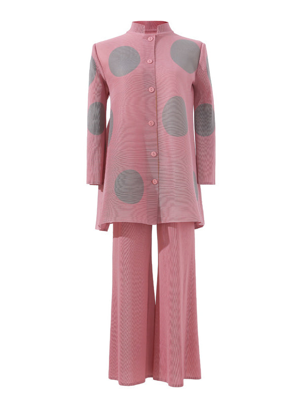 Long Sleeves Loose Pleated Polka Dot Stand Collar Top + Pants Bottomtwo Pieces Set