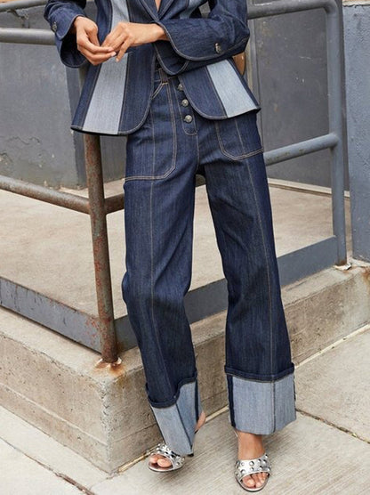 Long Sleeves Loose Buttoned Contrast Color Split-Joint Deep V-Neck Jackets Outerwear Two-Piece Sets