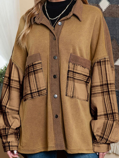 High-Low Long Sleeves Buttoned Plaid Pockets Split-Joint Lapel Jackets Outerwear