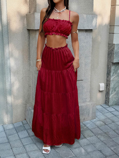 Solid Color Pleated Cropped Ruffled Spaghetti-Neck + A-Line Skirts Bottoms Top Two Pieces Set