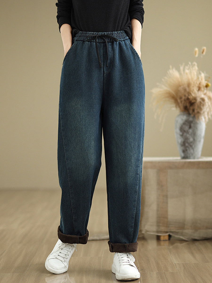 Women Autumn Retro Fleece-lined Denim Straight Pants
