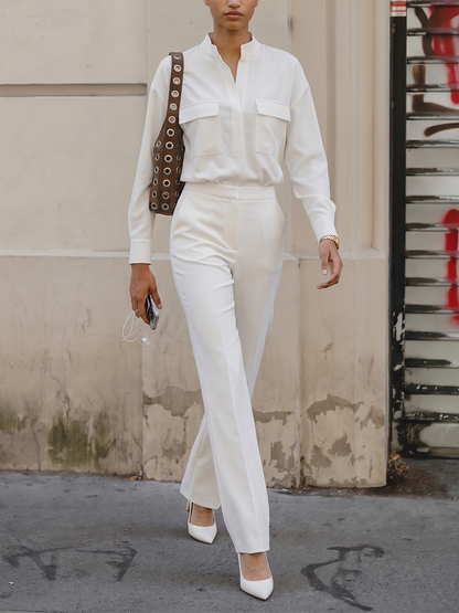 Solid Color Long Sleeves Buttoned Stand Collar Blouses&shirts Tops + Pleated Pockets High Waisted Pants Trousers Two Pieces Set