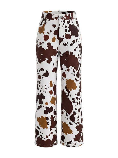 Elasticated Waist High Waisted Contrast Color Cow Printed Split-Joint Pants
