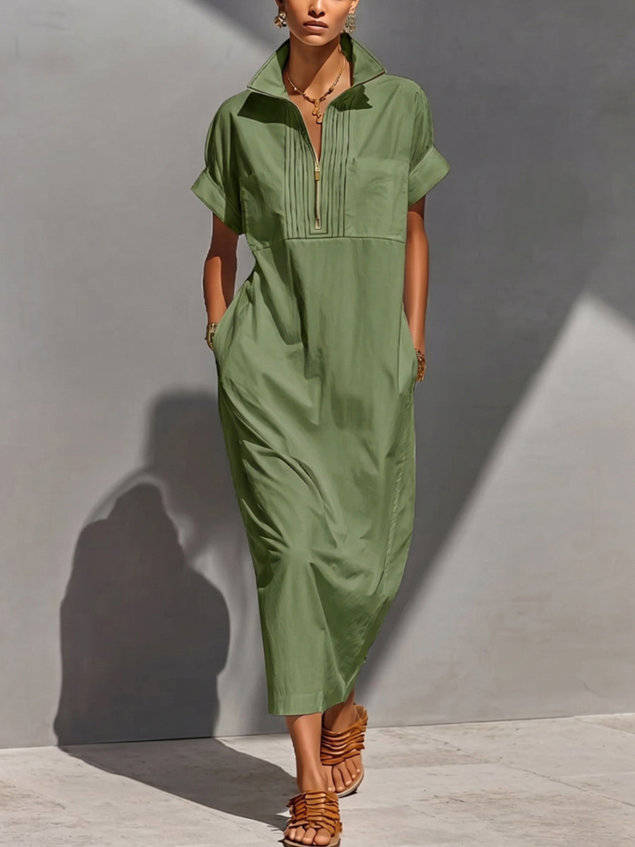 Zipper Solid Color Pockets Sleeveless High Waisted V-neck Maxi Dresses