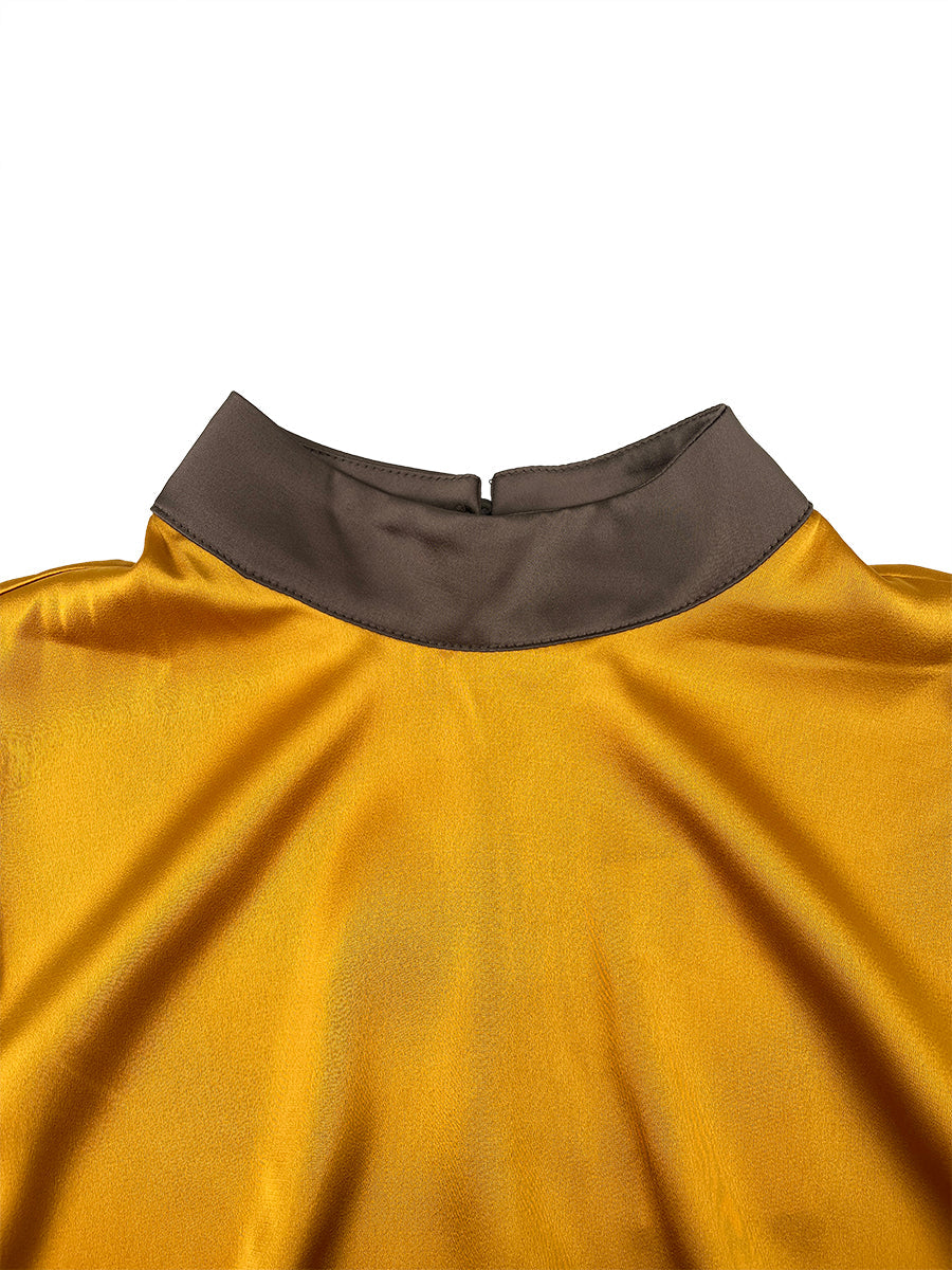 Cropped Flared Sleeves Contrast Color Pleated Stand Collar Blouses&Shirts Tops