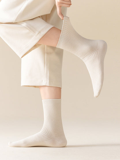 5 Pairs Women Casual Pure Color Mid-Heel Cotton Socks