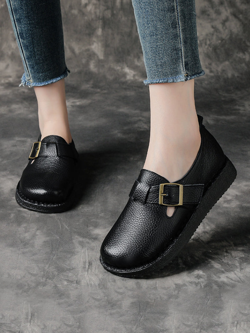 Women Casual Pure Color Leather Low Heel Shoes