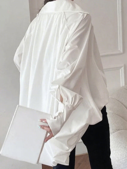 High-low Plus Size Long Sleeves Pleated Solid Color Lapel Collar Blouses&shirts Tops