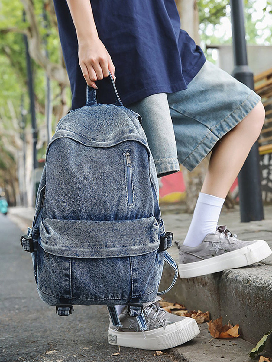 Women Pure Color Denim Large Capacity Backpack