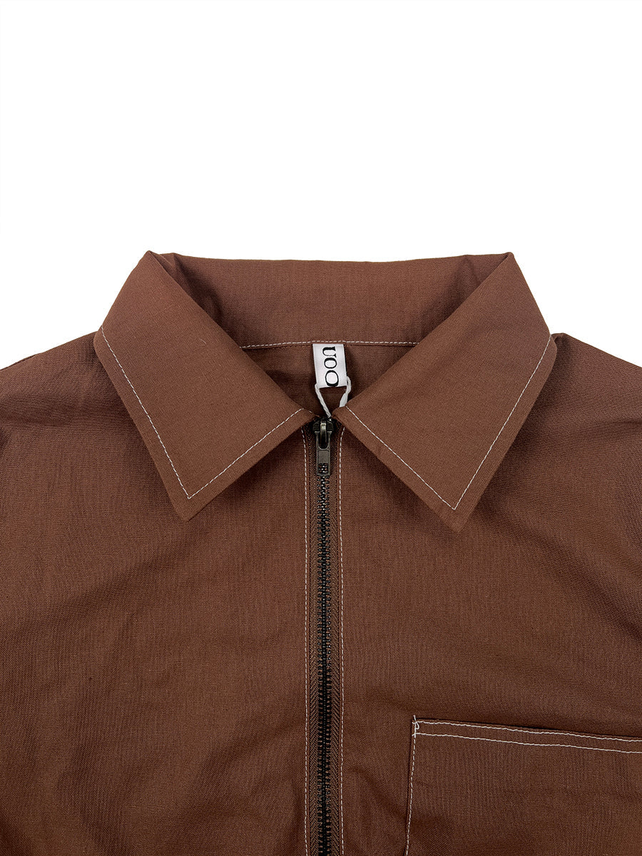 Loose Short Sleeves Pockets Solid Color Zipper Stand Collar Jumpsuits