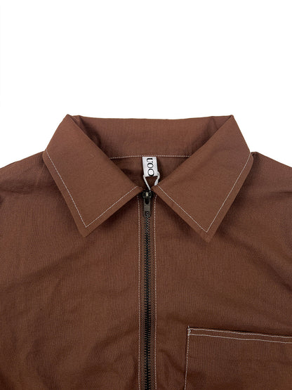 Loose Short Sleeves Pockets Solid Color Zipper Stand Collar Jumpsuits