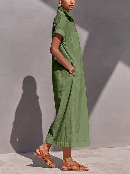 Zipper Solid Color Pockets Sleeveless High Waisted V-neck Maxi Dresses