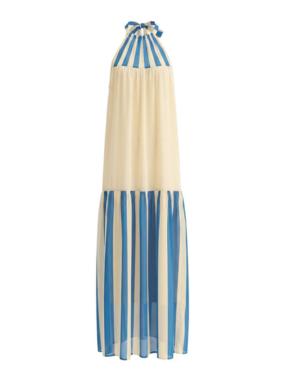 A-Line Loose Contrast Color Pleated Striped Halter-Neck Maxi Dresses