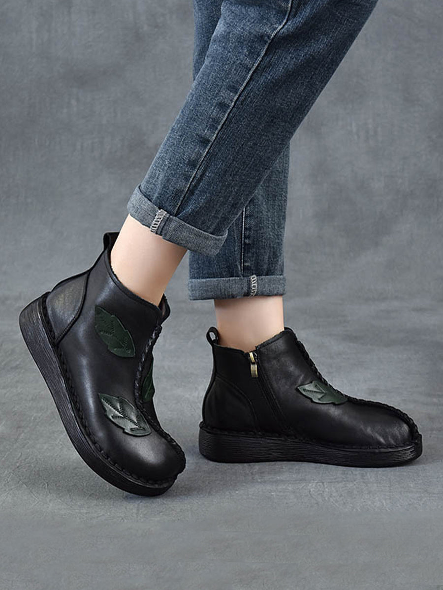 Women Winter Retro Leather Spliced Leather Ankle Boots