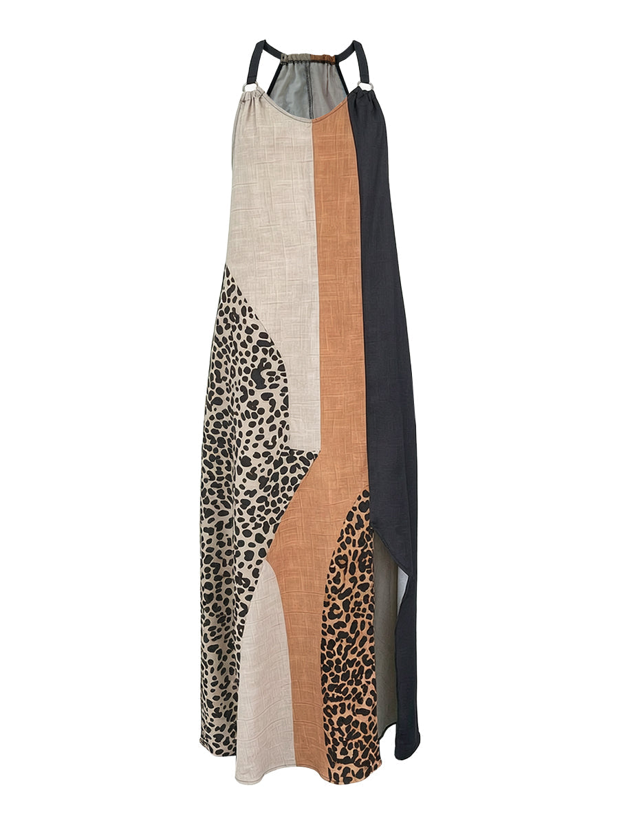 Loose Sleeveless Asymmetric Contrast Color Leopard Pockets Split-Joint Halter-Neck Maxi Dresses
