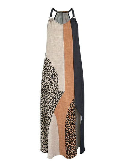 Loose Sleeveless Asymmetric Contrast Color Leopard Pockets Split-Joint Halter-Neck Maxi Dresses
