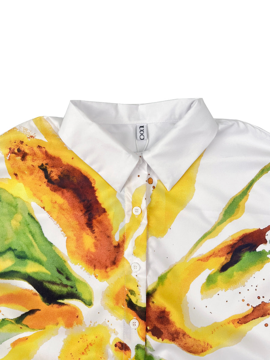 High-Low Long Sleeves Buttoned Contrast Color Flower Print Lapel Blouses&Shirts Tops