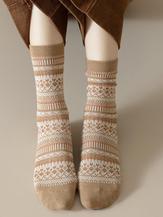 5 Pairs Women Winter Vintage Stripe Cotton Socks