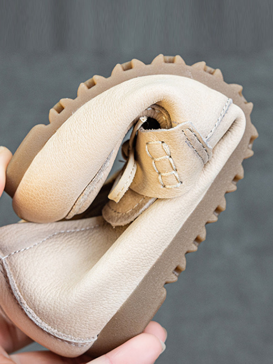 Women Retro Genuine Leather Pure Color Flat Shoes