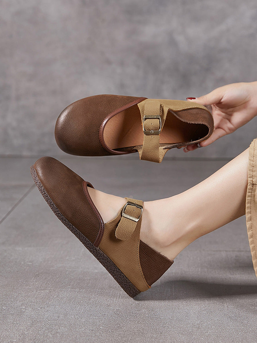 Women Retro Genuine Leather Spliced Flat Shoes