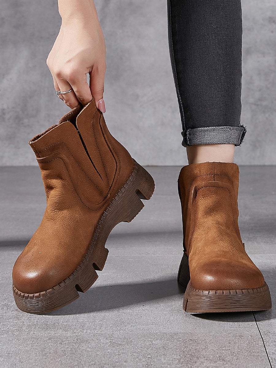 Women Vintage Autumn Genuine Leather Platform Ankle Boots