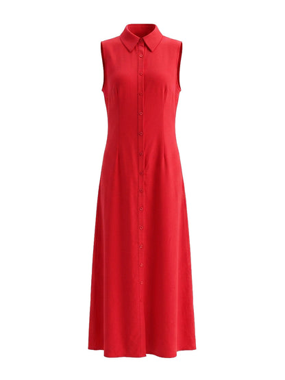 A-Line High Waisted Buttoned Pockets Solid Color Lapel Maxi Dresses Shirt Dress