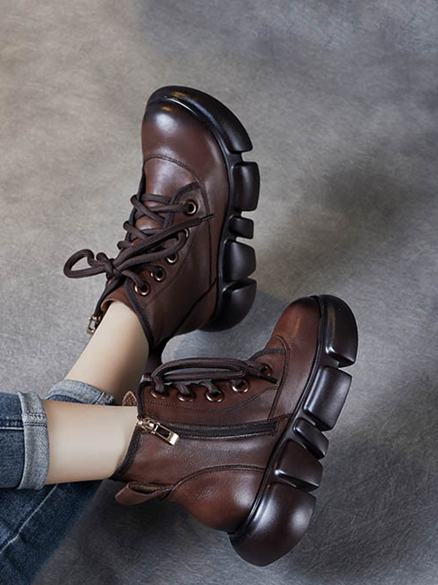 Women Winter Pure Color Leather Platform Martin Boots