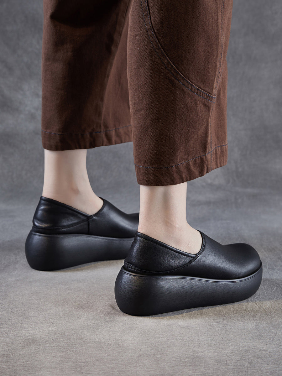 Women Genuine Leather Pure Color Platfrom Shoes