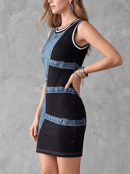 Bodycon Sleeveless Contrast Color Printed Round-Neck Mini Dresses
